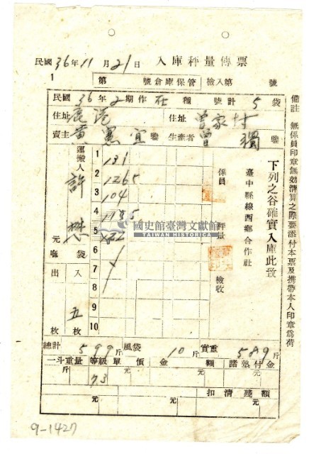 民國三十六年臺中縣線西鄉合作社發給鹿港黃憲宜入庫秤量傳票藏品圖，第1張