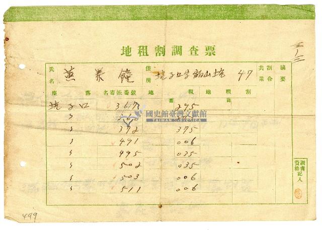 黃泰鐘坑子口地租割調查票藏品圖，第1張
