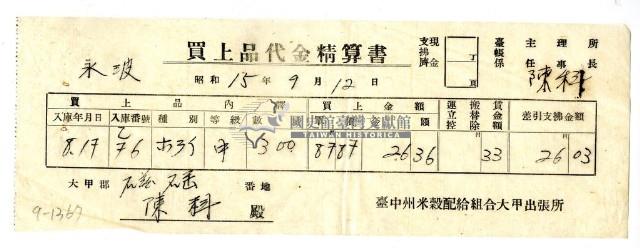 昭和十五年臺中州米穀配給組合大甲出張所給陳科購買經費精算書藏品圖，第1張
