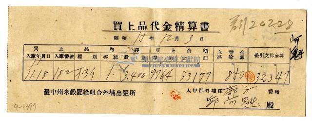 昭和十五年臺中州米穀配給組合外埔出張所給邱阿魁購買經費精算書藏品圖，第1張