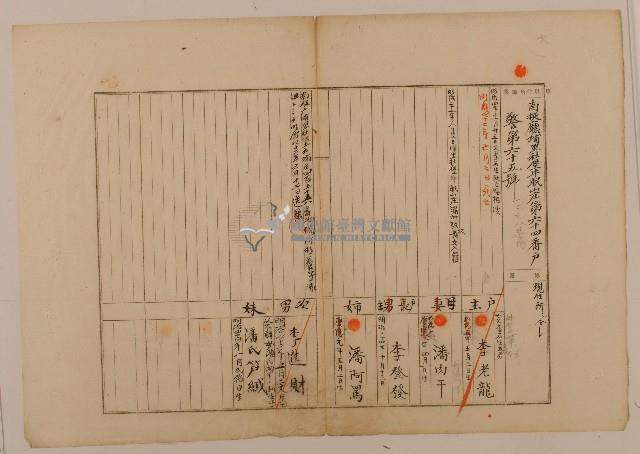 南投廳埔里社堡牛眠山庄第64番戶1278番地警第65號戶長李登發之戶口調查表單甲藏品圖，第1張