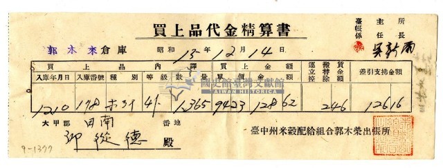 昭和十五年臺中州米穀配給組合郭木榮出張所給邱從德購買經費精算書藏品圖，第1張