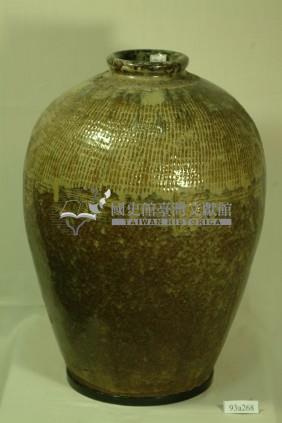 褐綠疊釉拍打印紋窄口豐肩式陶甕藏品圖，第1張