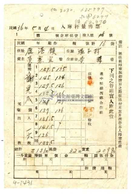 民國三十六年臺中縣線西鄉合作社發給鹿港黃憲宜入庫秤量傳票藏品圖，第1張