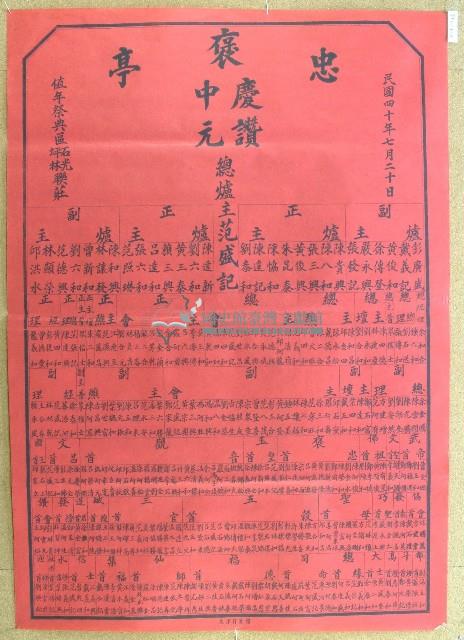 民國四十年范盛記褒忠亭義民廟中元節爐主等人員名單告示藏品圖，第1張