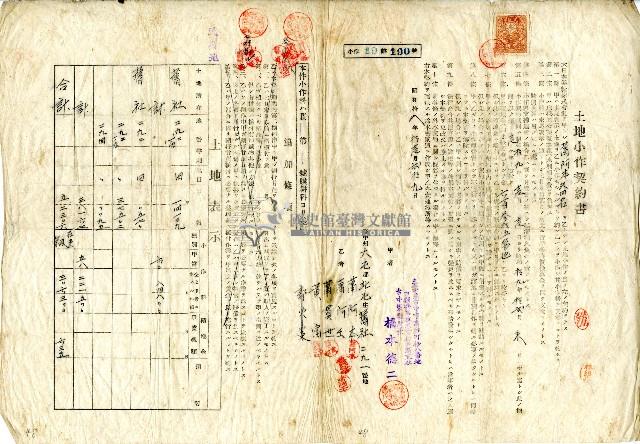 昭和十八年日糖興業株式會社臺灣支社臺中製糖所及蕭阿本等人簽訂小作契約書藏品圖，第1張