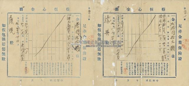 昭和七年旧十二月二十四日蔡恒心金商開立之足赤金葉保險證藏品圖，第1張