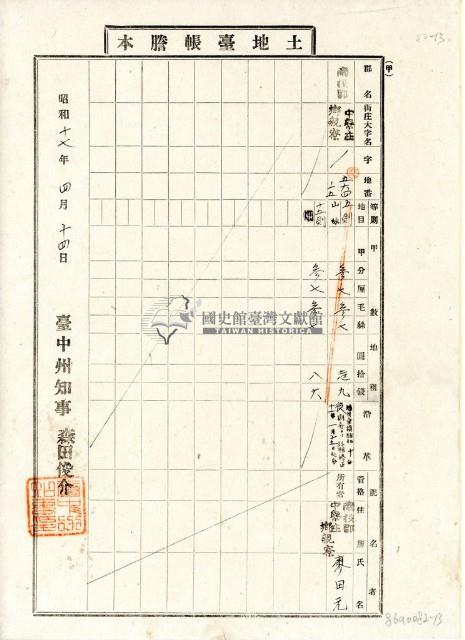 昭和十七年廖田元土地臺帳謄本藏品圖，第1張