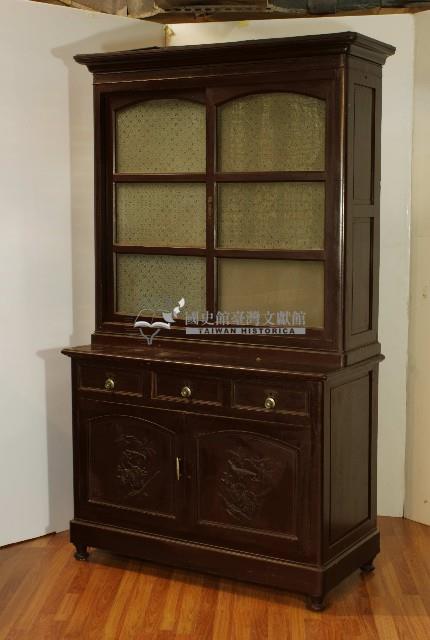 木製大型橫拉門抽屜式浮雕花鳥紋書櫃藏品圖，第2張