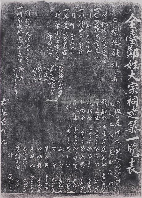 全臺鄭氏大宗祠建築一覽表拓本（一）藏品圖，第1張