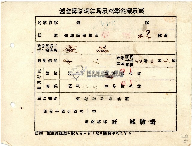 臺中州南投郡南投街長星萬壽雄所發臨時種痘施行通知及檢診通知票藏品圖，第1張