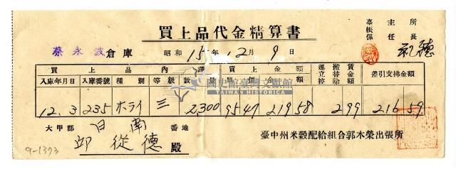 昭和十五年臺中州米穀配給組合郭木榮出張所給邱從德購買經費精算書藏品圖，第1張