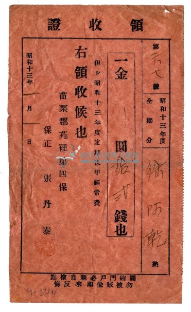昭和十三年徐阿乾繳納保甲費領收證明藏品圖，第1張