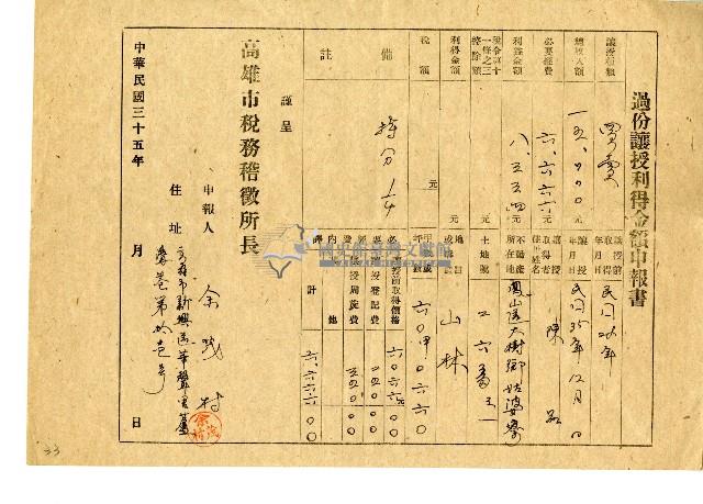 民國三十五年余茂村過份讓授利得金額申報書藏品圖，第1張