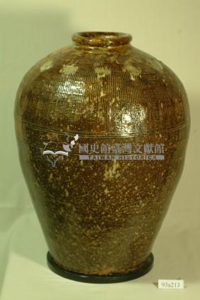 紅露酒印款醬褐釉拍打印紋窄口豐肩式陶甕藏品圖，第1張