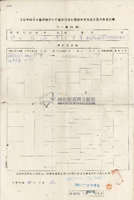 前日本政府及臺灣總督府在臺澎區發行國債庫券及地方債庫券登記表第四聯許子路收據藏品圖，第1張