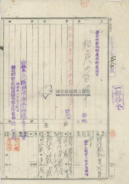 昭和十六年臺中州彰化郡鹿港街鹿港字和興340番地戶長蔡敦波之戶口調查簿抄本藏品圖，第1張