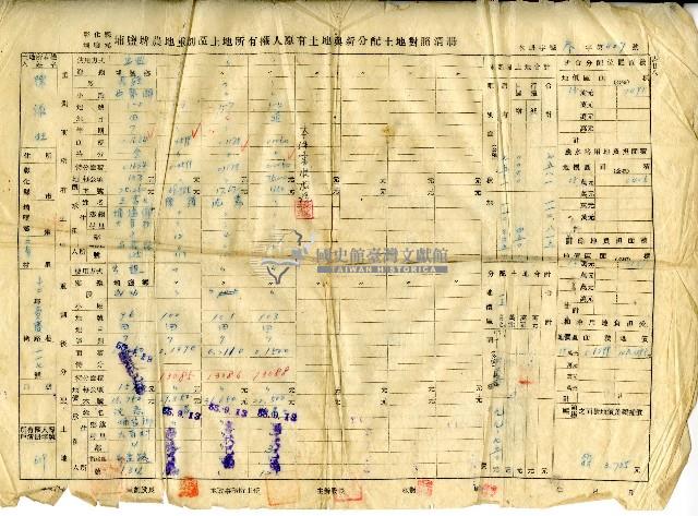 民國五十五年陳添旺彰化縣埔鹽鄉埔鹽埤農地重劃區土地所有權人原有土地與新分配土地對照清冊藏品圖，第1張