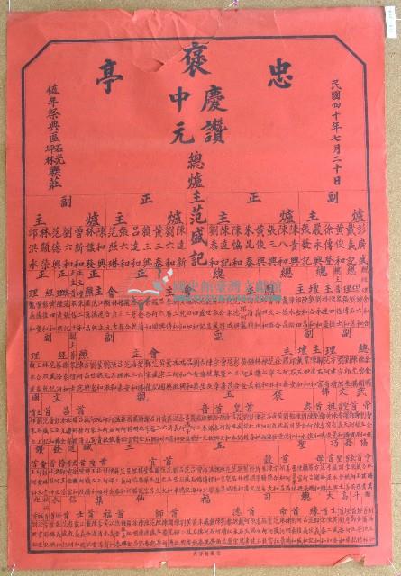 民國四十年范盛記褒忠亭義民廟中元節爐主等人員名單告示藏品圖，第1張
