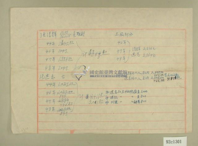 民國四十四至四十八年張清輝、張述志茶租金額明細藏品圖，第1張