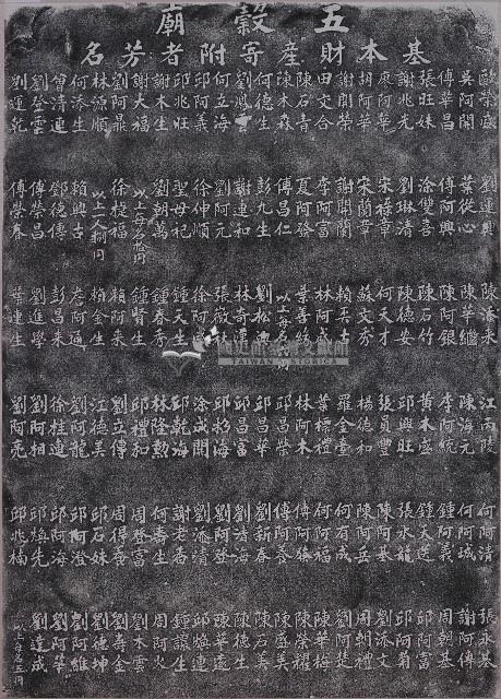 五穀廟基本財產寄附者芳名拓本（乙）藏品圖，第1張