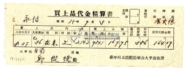 昭和十五年臺中州米穀配給組合大甲出張所給邱從德購買經費精算書藏品圖，第1張
