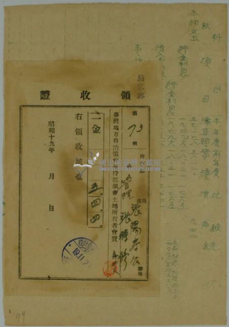 昭和十九年張時修繳納台灣地方自治協會南投郡幫會土地所有者會費領收證藏品圖，第1張