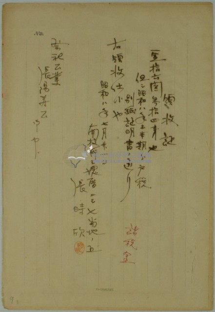 昭和八年張時欣繳納昭和八年上半期分戶稅領收證藏品圖，第1張