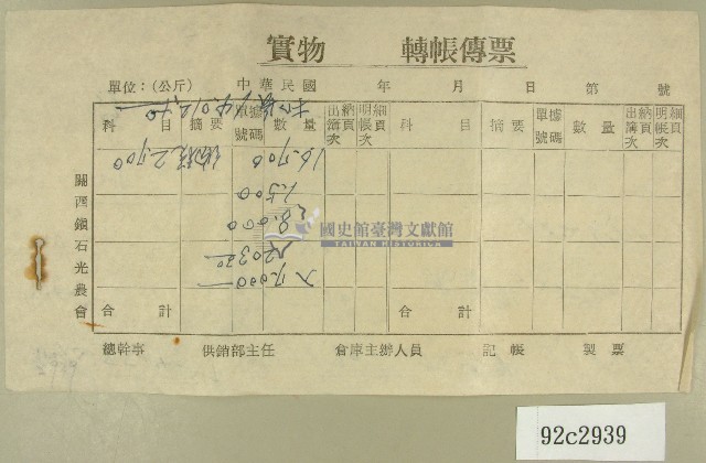 關西鎮石光農會實務轉帳傳票藏品圖，第1張