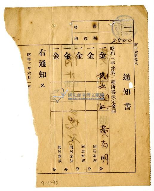 昭和三年寄給黃有明昭和三年分第三種所得決定金額通知書藏品圖，第1張