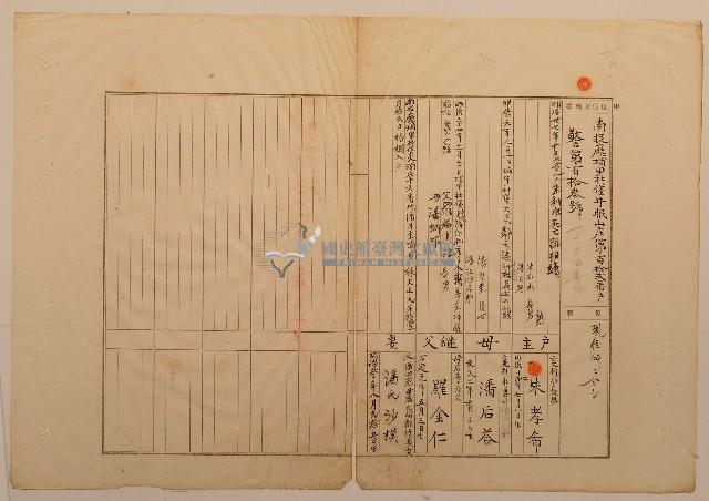 南投廳埔里社堡牛眠山庄第112番戶1234番地警第113號戶長朱孝希之戶口調查表單藏品圖，第1張