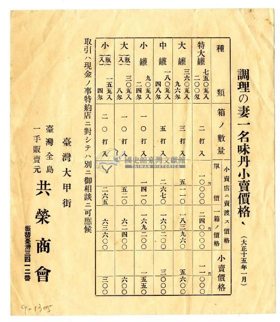 大正十五年共榮商會調理之妻一名味丹小賣價格藏品圖，第1張