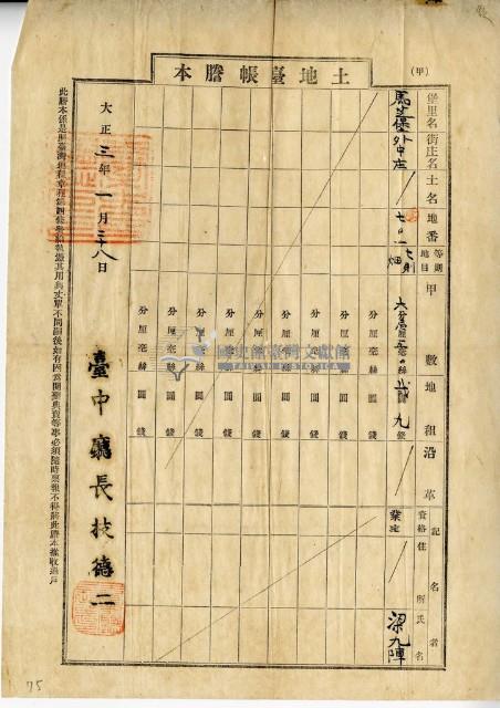 大正三年梁九陣土地臺帳謄本藏品圖，第1張