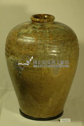 帶款黃棕釉拍打印紋窄口豐肩式陶甕藏品圖，第1張