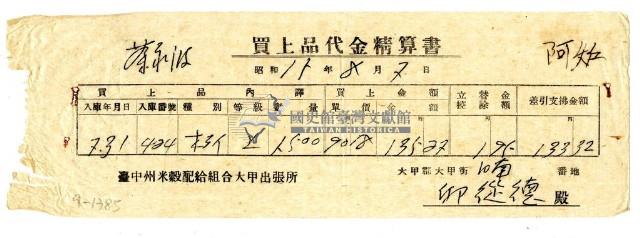 昭和十五年臺中州米穀配給組合大甲出張所給邱從德購買經費精算書藏品圖，第1張