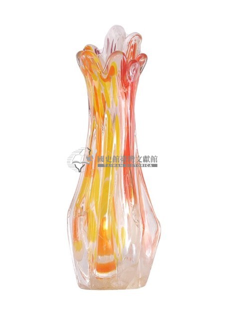 紅黃彩花口細頸玻璃花瓶藏品圖，第1張