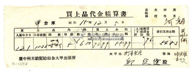 昭和十五年臺中州米穀配給組合大甲出張所給邱從德購買經費精算書藏品圖，第1張