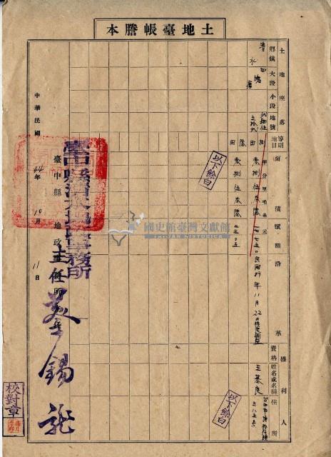 中華民國四十四年王其良土地臺帳謄本藏品圖，第1張