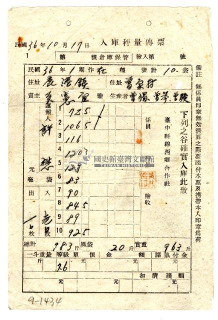 民國三十六年臺中縣線西鄉合作社發給鹿港黃憲宜入庫秤量傳票藏品圖，第1張