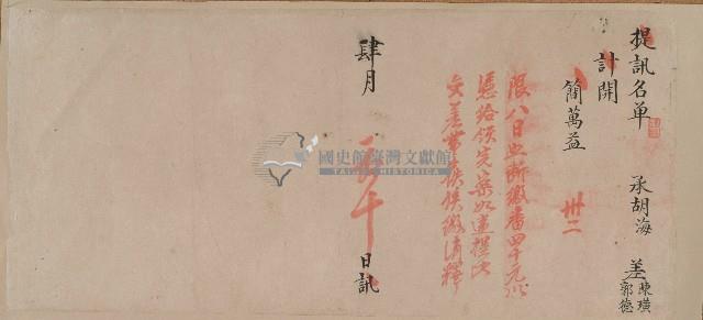 胡海提訊簡萬益提訊名單藏品圖，第1張