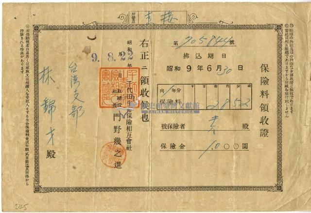 昭和九年林錦才繳納保險金領收證明藏品圖，第1張