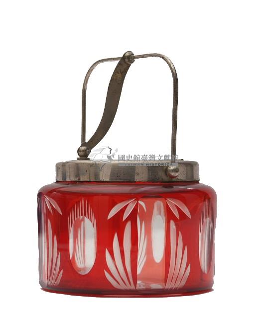 金屬提梁帶蓋紅色花飾透明玻璃矮罐藏品圖，第1張