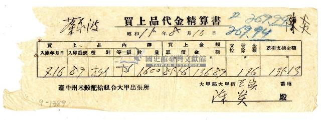 昭和十五年臺中州米穀配給組合大甲出張所給陳炎購買經費精算書藏品圖，第1張