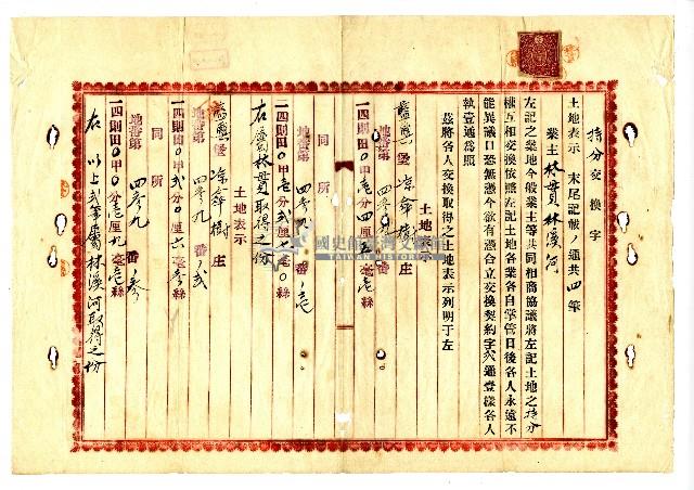 大正三年林貫將各自名下持分權進行交換所立土地持分權交換契約書藏品圖，第1張
