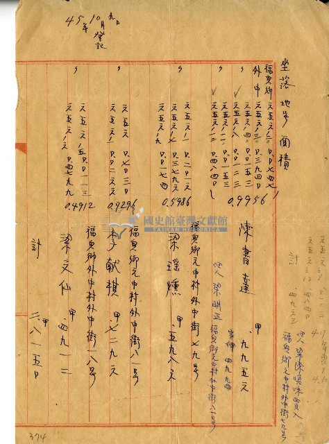 民國四十五年陳書達等人土地面積明細表藏品圖，第1張
