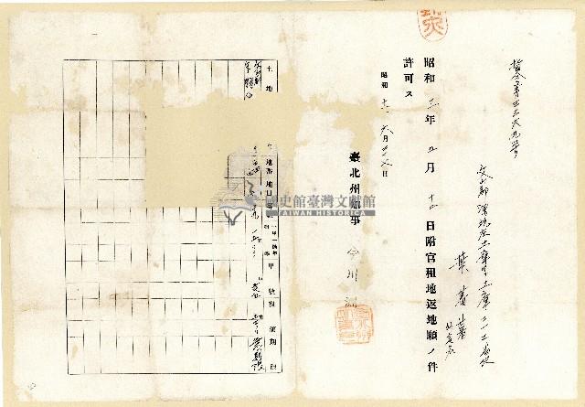 昭和十一年葉蕃薯官租地歸還許可證藏品圖，第1張