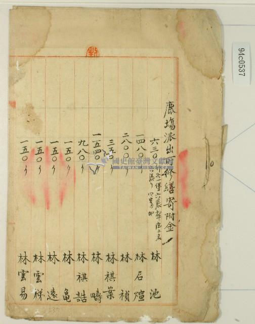 明治四十三年新竹廳第六十七保保正事務所鹿場派出所修繕寄附金記錄簿藏品圖，第1張