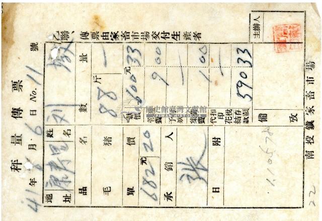 民國四十一年南投鎮家畜市場印製的秤量傳票乙聯藏品圖，第1張