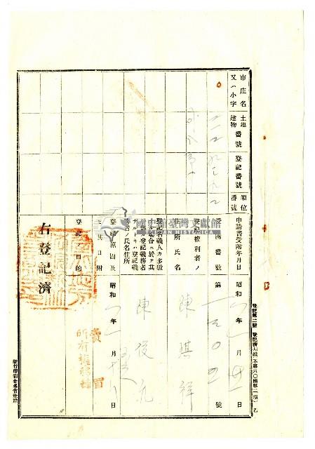 昭和八年鄭陳氏匏等人對陳俊元等提出的土地共有權移轉登記保證書藏品圖，第4張