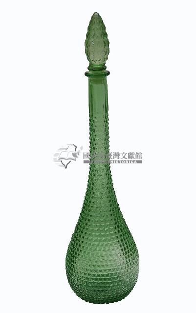 綠色帶蓋細頸方形稜狀浮雕玻璃瓶藏品圖，第2張